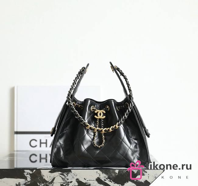 Chanel 25 Handbag Small Shiny Crumpled Calfskin Gold Tone Metal Black - 30x26x14cm - 1