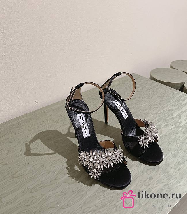 Aquazzura Crystal Margarita Satin Sandal 105 Black  - 1