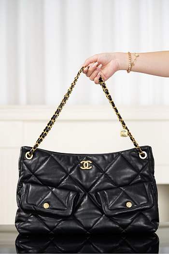 Chanel Shopping Bag Shiny Lambskin & Gold Tone Metal Black - 38x26x11cm