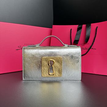 Schiaparelli Keyhole Chain Clutch Silver Laminated Crinkled Calf Leather - 19x11x4cm