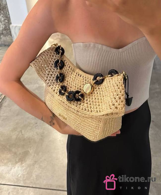 Loewe Medium Ola Bag In Raffia And Calfskin Beige - 26x18x13cm - 1