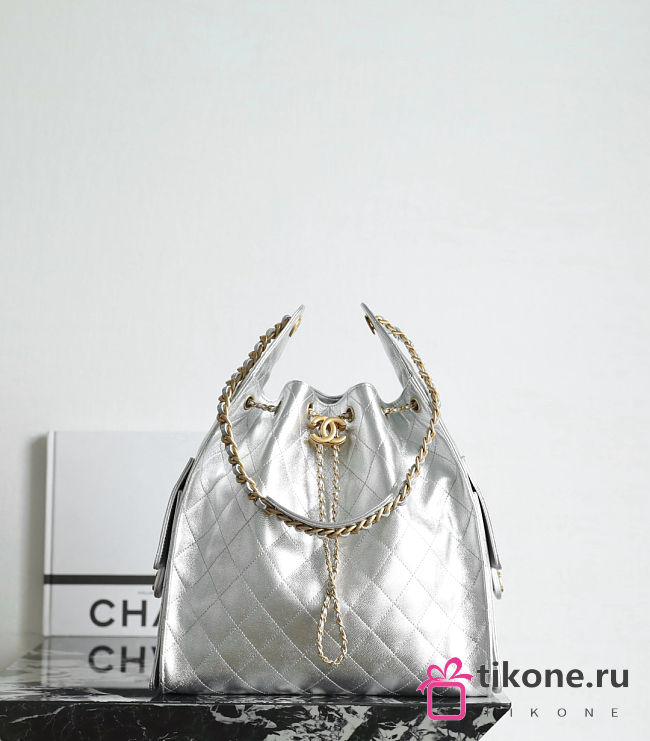 Chanel 25 Medium Handbag Grained Calfskin Gold Tone Metal Silver - 40x30x15cm - 1