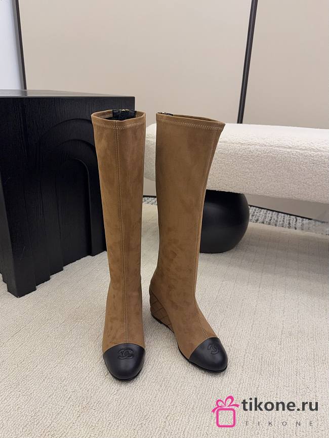Chanel High Boots Suede & Calfskin Brown Black 6.5cm - 1