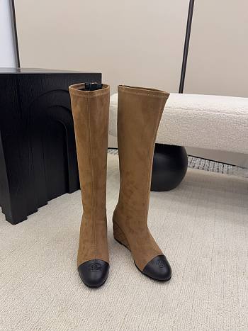 Chanel High Boots Suede & Calfskin Brown Black 6.5cm