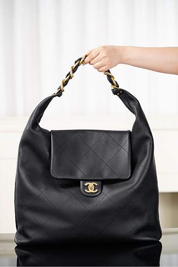 Chanel Maxi Hobo Bag Shiny Calfskin & Gold Tone Metal Black - 53x43x9cm