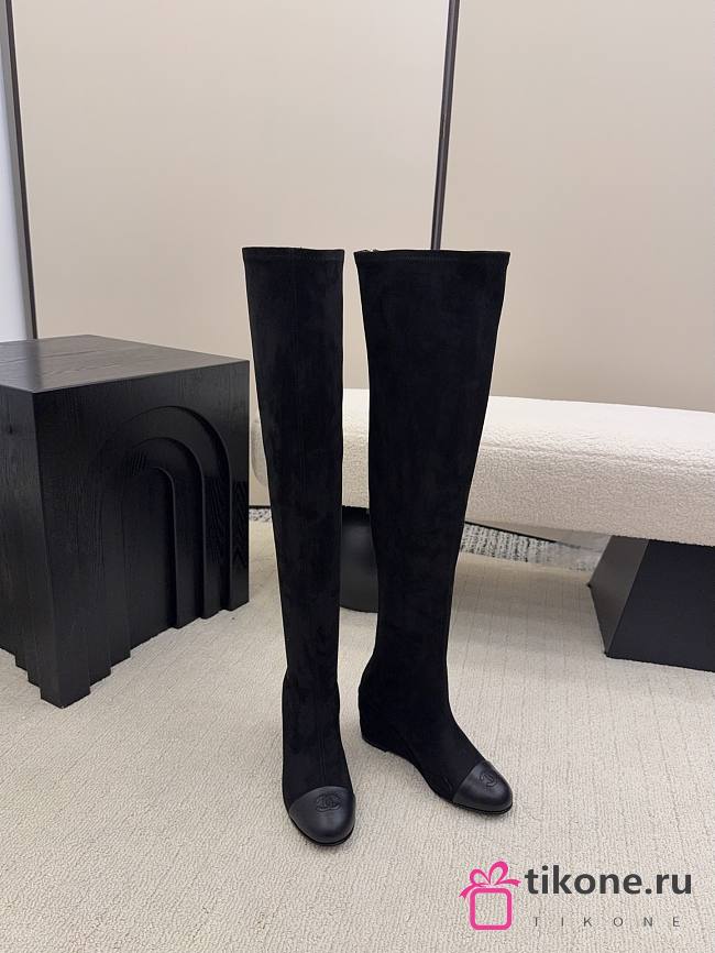 Chanel Thigh Boots Suede & Calfskin Black 6.5cm - 1