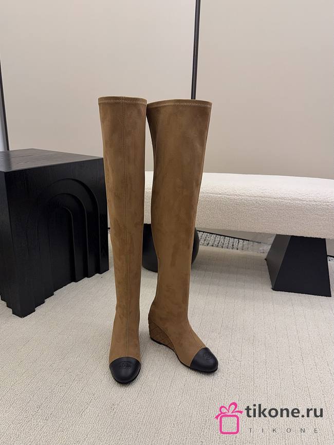 Chanel Thigh Boots Suede & Calfskin Brown Black 6.5cm - 1