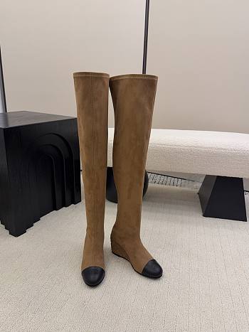 Chanel Thigh Boots Suede & Calfskin Brown Black 6.5cm