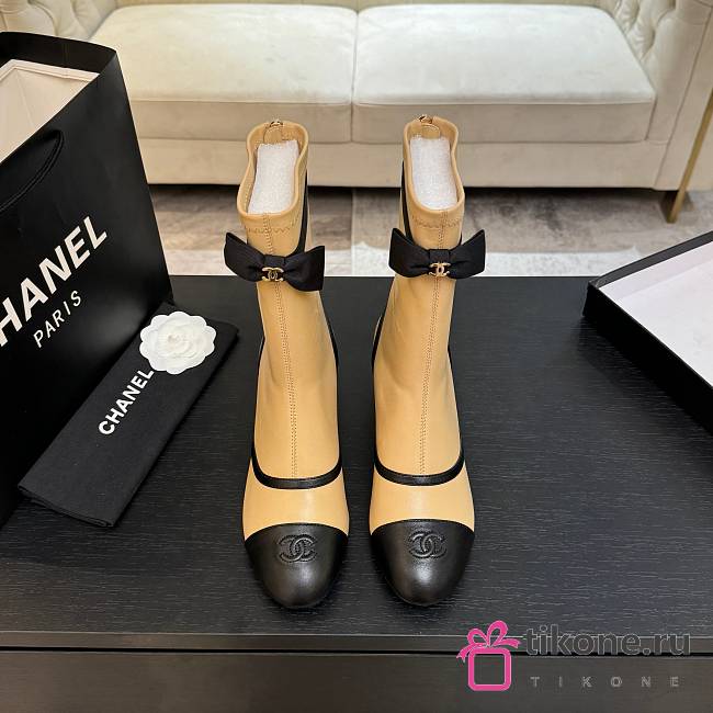 Chanel Short Boots Stretch Lambskin & Lambskin Beige Black 5cm - 1