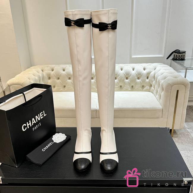 Chanel Thigh Boots Stretch Lambskin & Lambskin White Black 5cm - 1