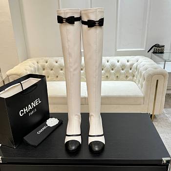 Chanel Thigh Boots Stretch Lambskin & Lambskin White Black 5cm