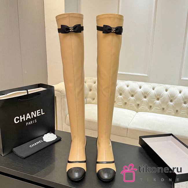 Chanel Thigh Boots Stretch Lambskin & Lambskin Beige Black 5cm - 1