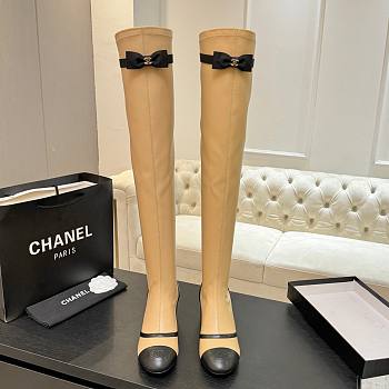 Chanel Thigh Boots Stretch Lambskin & Lambskin Beige Black 5cm