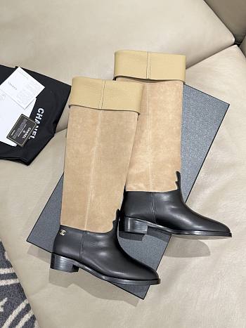 Chanel Thigh Boots Suede Calfskin & Calfskin Beige Black 3.5cm