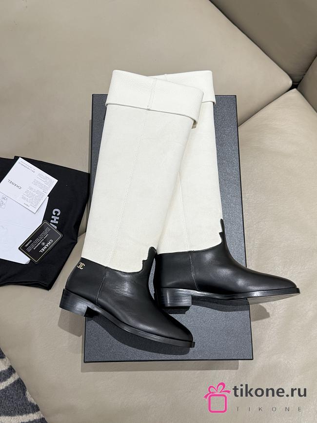 Chanel Thigh Boots Suede Calfskin & Calfskin White Black 3.5cm - 1