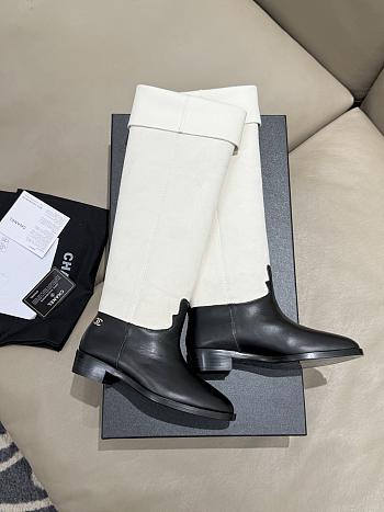Chanel Thigh Boots Suede Calfskin & Calfskin White Black 3.5cm