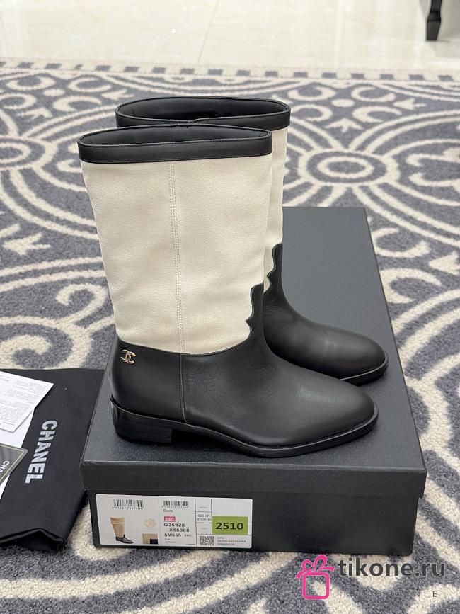 Chanel Mid-Calf Boots Suede Calfskin & Calfskin White Black 3.5cm - 1