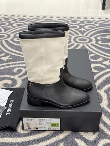Chanel Mid-Calf Boots Suede Calfskin & Calfskin White Black 3.5cm