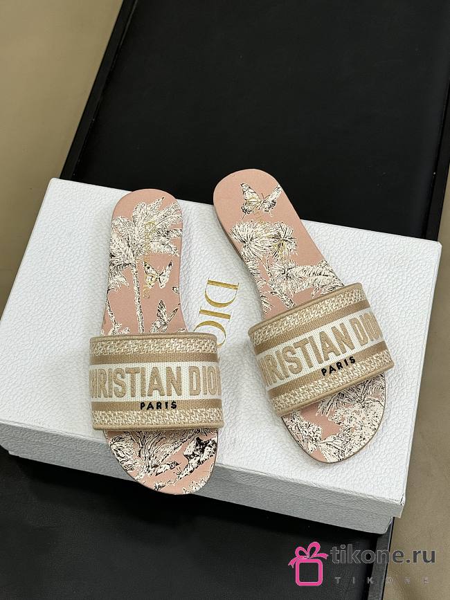 Dioriviera Dway Slide Embroidered Cotton and Beige and White Toile de Jouy Palms Motif - 1