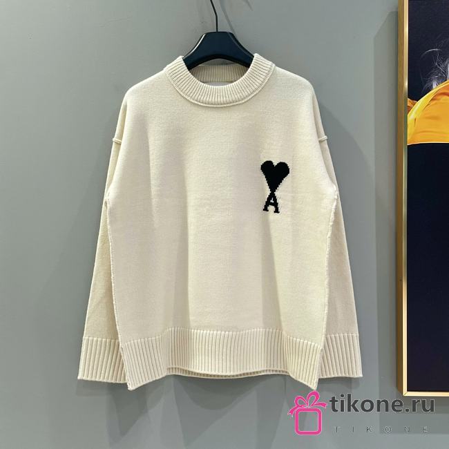 Ami Paris White Wool Ami De Coeur Crewneck Sweater Offwhite/Black - 1