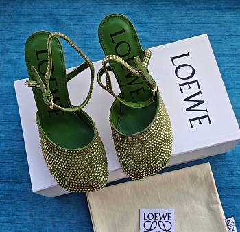 Loewe Toy Ankle Strap Pump In Rhinestone Embellished Suede Green 9cm