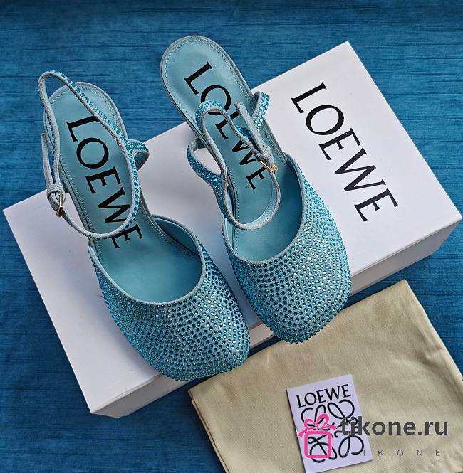 Loewe Toy Ankle Strap Pump In Rhinestone Embellished Suede Blue 9cm - 1