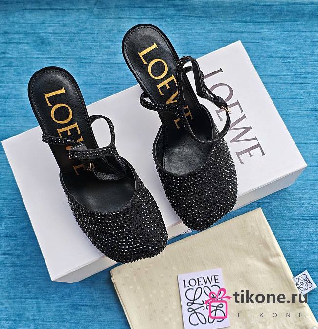 Loewe Toy Ankle Strap Pump In Rhinestone Embellished Suede Black 9cm - 1