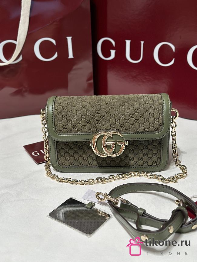 Gucci Go Small Shoulder Bag Green GG Suede - 21.5x14x9cm - 1