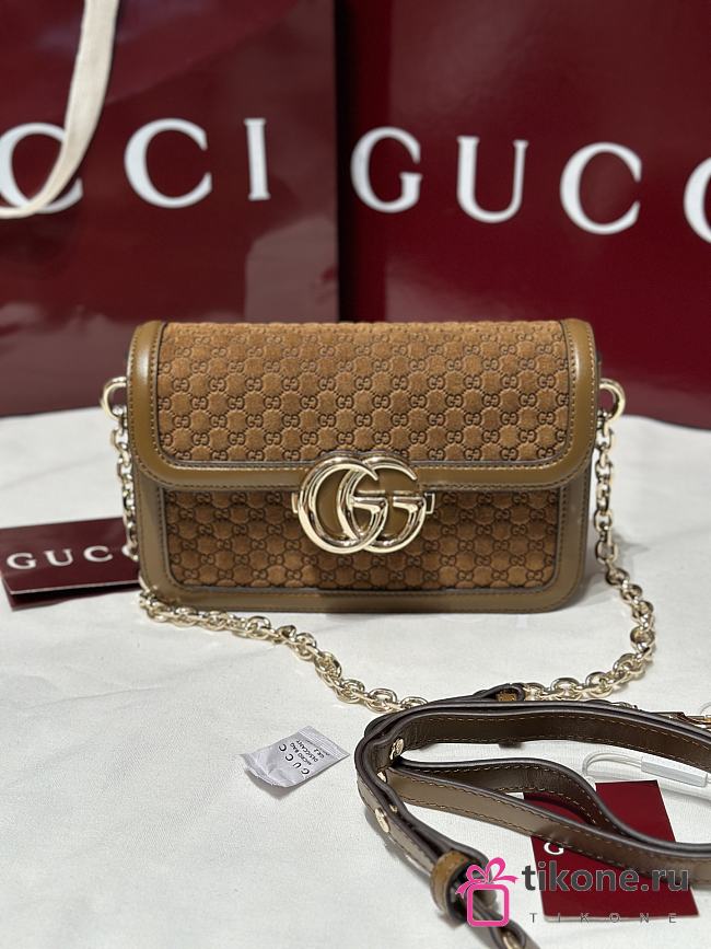 Gucci Go Small Shoulder Bag Brown GG Suede - 21.5x14x9cm - 1
