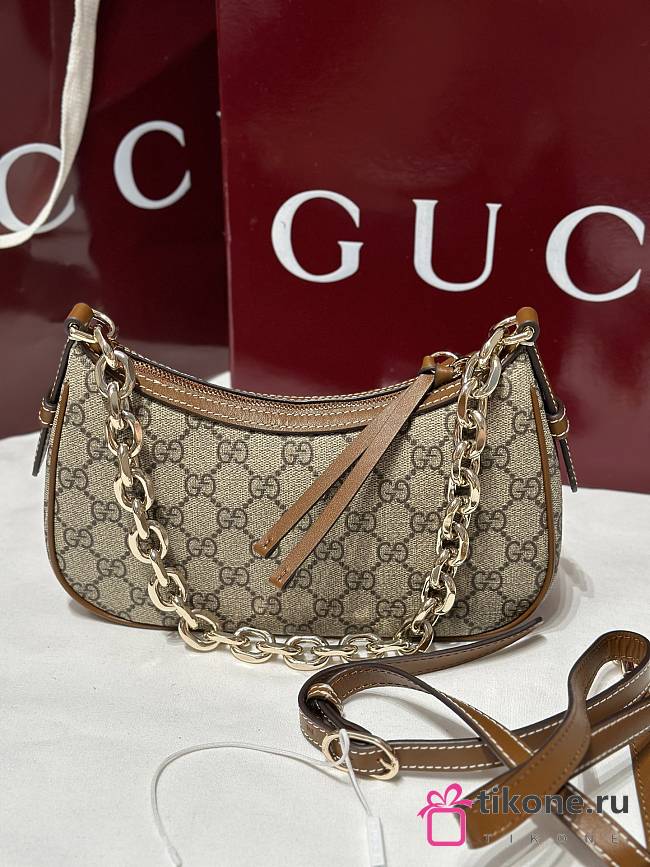 Gucci GG Emblem Small Shoulder Bag In Beige And Dark Brown Fabric - 24x16.5x5.5cm - 1