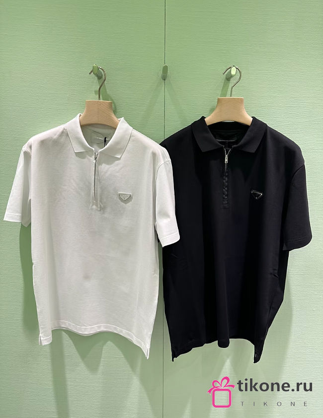 Prada Piqué polo shirt with Re-Nylon details black/ white - 1