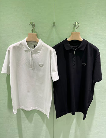 Prada Piqué polo shirt with Re-Nylon details black/ white
