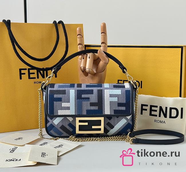 Fendi Baguette Mini Blue Canvas Bag with FF Embroidery - 20x13x5cm - 1