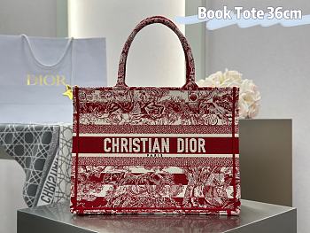 Medium Dior Book Tote White and Red Toile de Jouy Sauvage Embroidery - 36x27.5x16.5cm