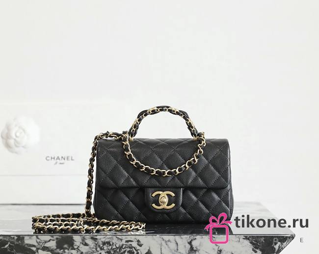 Chanel Mini Flap Bag with Top Handle Grained Shiny Calfskin & Gold Tone Metal Black - 19.5x12x6.5cm - 1