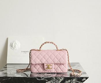 Chanel Mini Flap Bag with Top Handle Grained Shiny Calfskin & Gold Tone Metal Light Pink - 19.5x12x6.5cm