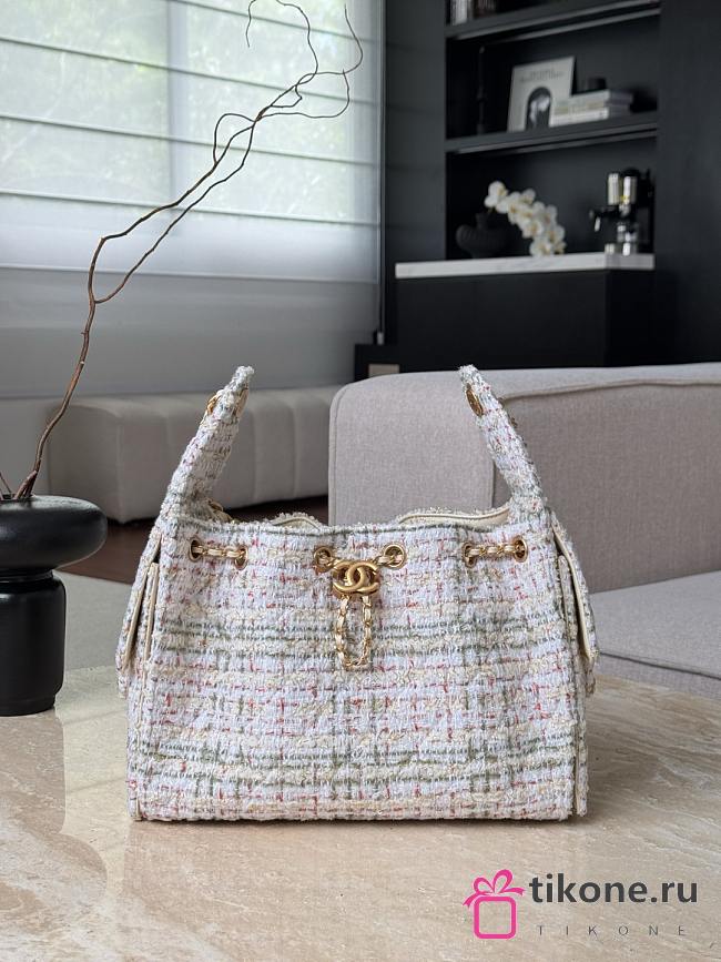 Chanel 25 Handbag Small Wool Tweed & Gold Tone Metal Ecru Khaki Gold & Red - 30x26x14cm - 1