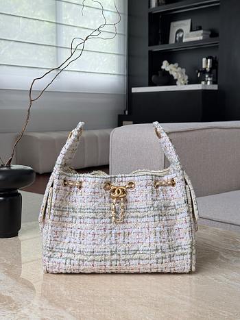 Chanel 25 Handbag Small Wool Tweed & Gold Tone Metal Ecru Khaki Gold & Red - 30x26x14cm