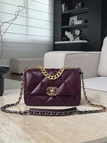 Chanel 19 Handbag Shiny Lambskin Gold Tone Silver Tone & Ruthenium Finish Metal Burgundy - 16x26x9cm