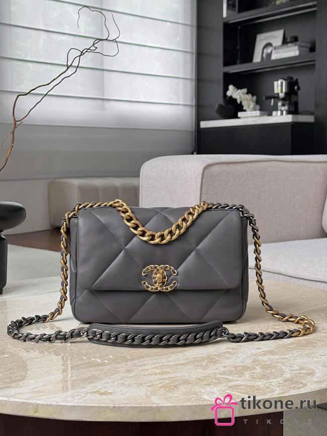 Chanel 19 Handbag Shiny Lambskin Gold Tone Silver Tone & Ruthenium Finish Metal Dark Gray - 16x26x9cm - 1