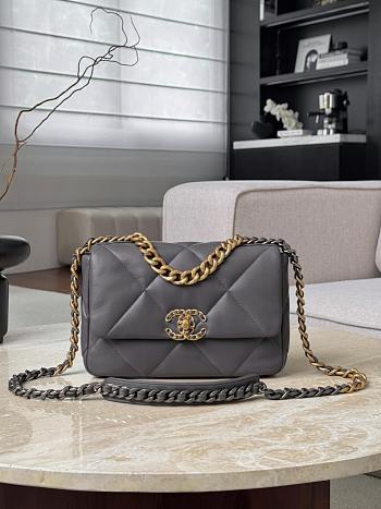 Chanel 19 Handbag Shiny Lambskin Gold Tone Silver Tone & Ruthenium Finish Metal Dark Gray - 16x26x9cm