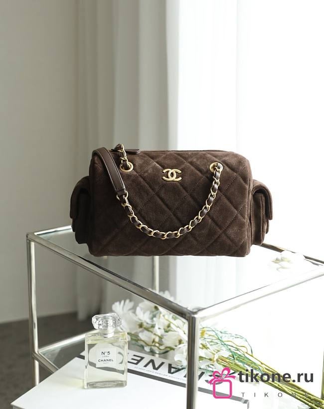 Chanel Small Bowling Bag Suede & Gold Metal Dark Brown - 24x15.5x11.5cm - 1