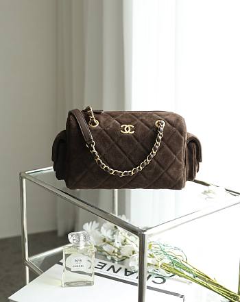 Chanel Small Bowling Bag Suede & Gold Metal Dark Brown - 24x15.5x11.5cm