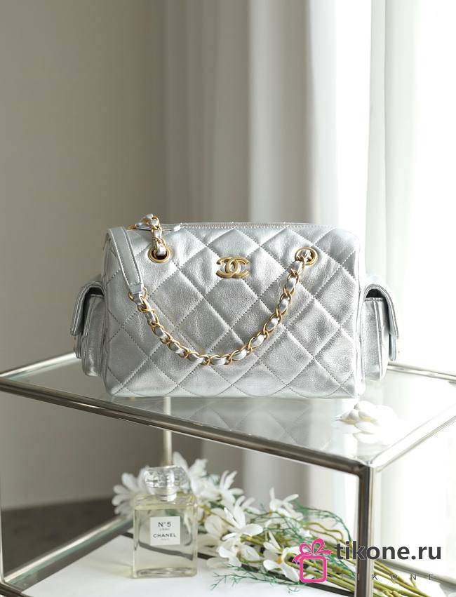 Chanel Small Bowling Bag Metallic Calfskin & Gold Tone Metal Silver - 24x15.5x11.5cm - 1