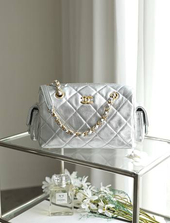 Chanel Small Bowling Bag Metallic Calfskin & Gold Tone Metal Silver - 24x15.5x11.5cm