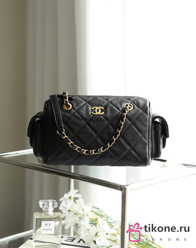 Chanel Small Bowling Bag Grained Shiny Calfskin & Gold Tone Metal Black - 24x15.5x11.5cm - 1