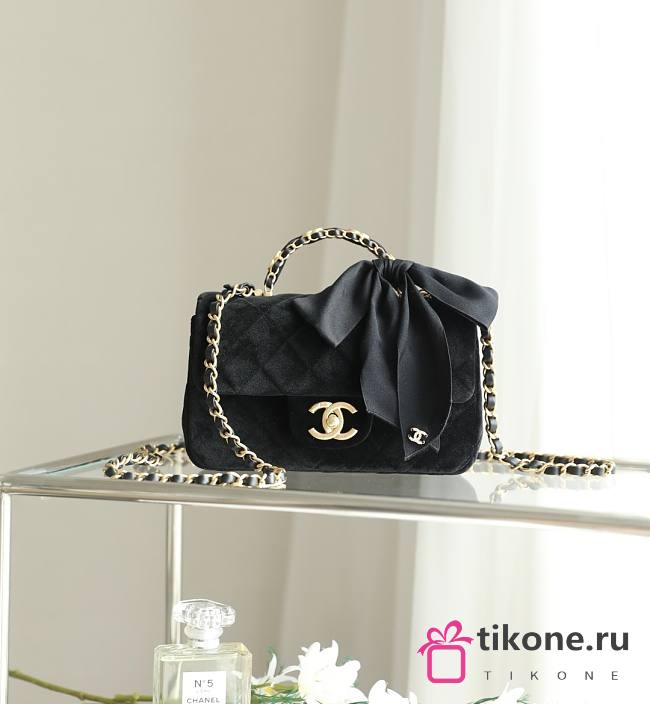 Chanel Mini Flap Bag with Top Handle Velvet Silk & Gold Tone Metal Black - 20x13x6cm - 1
