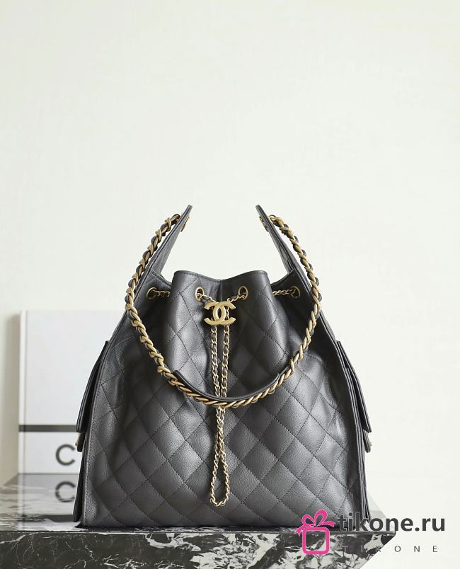 Chanel 25 Medium Handbag Grained Calfskin Gold Tone Metal Dark Gray - 40x30x15cm - 1