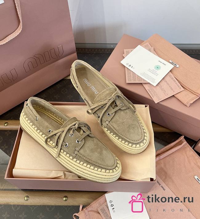 Miumiu Suede And Raffia Boat Shoes Ecru  - 1