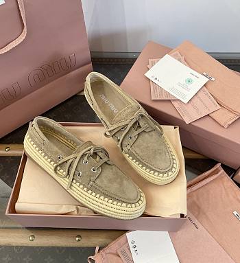 Miumiu Suede And Raffia Boat Shoes Ecru 